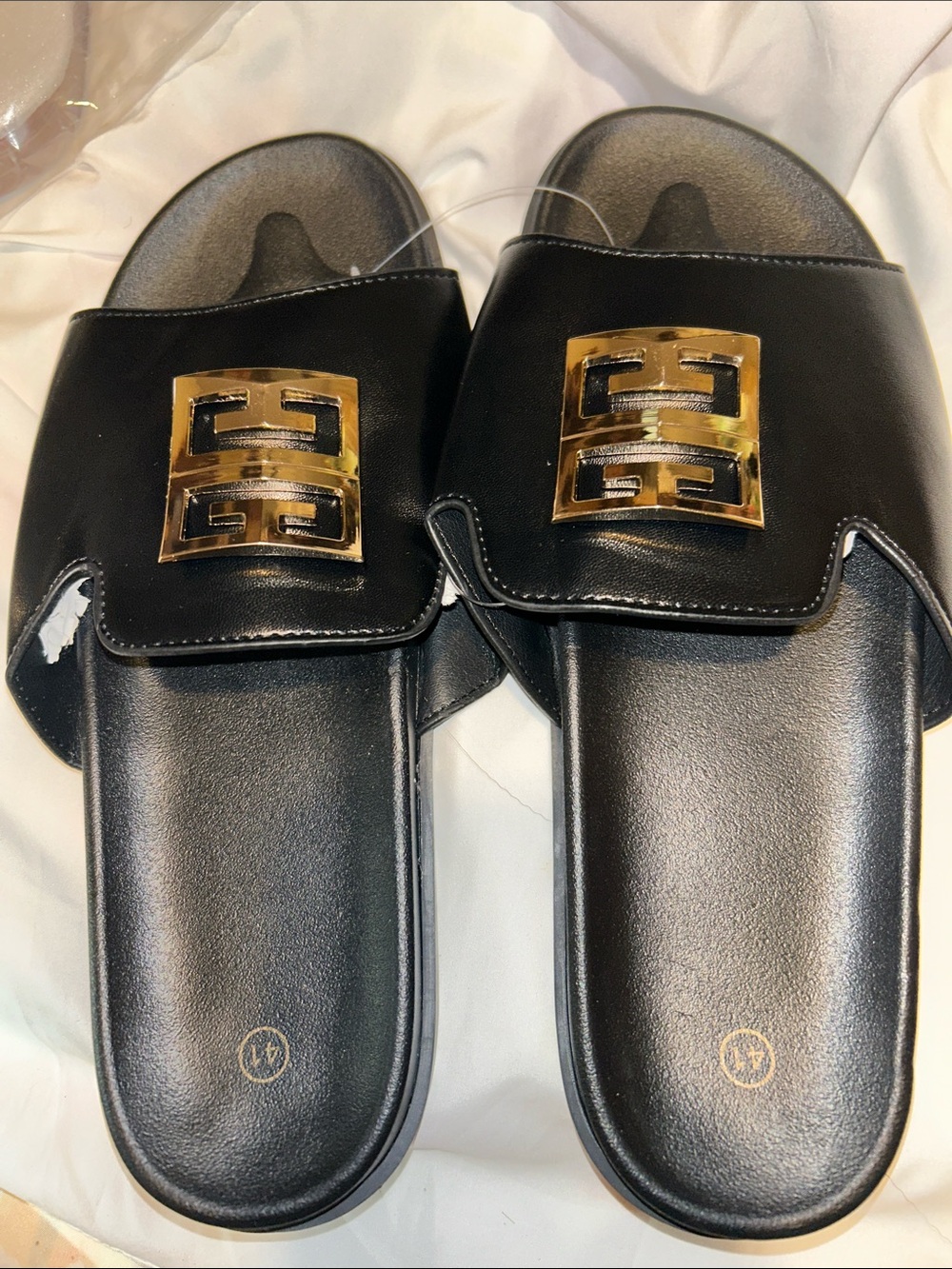 Black Women's Slide Sandals with Gold Accent